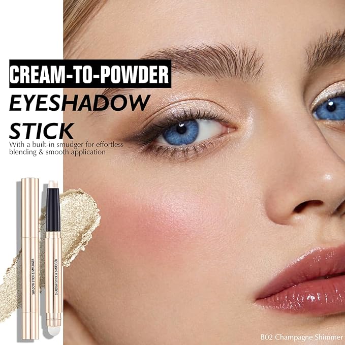 Champagne Shimmer Eyeshadow Stick - Dual-Ended Long-Lasting Cream Eye Shadow for Older Women Crease-Proof Metallic Eyeshadow Pencil, Multi-Use Eye Crayon Highlighter Makeup with Built-in Smudger