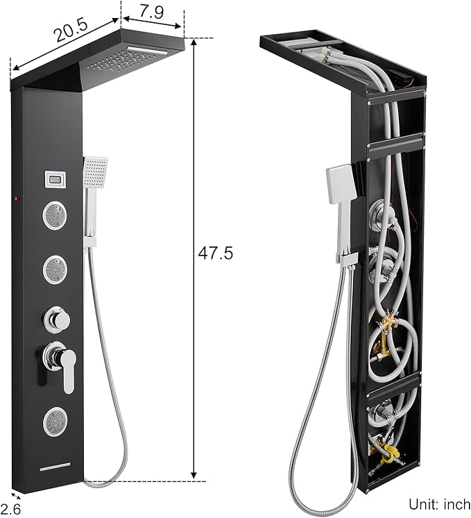TSIBOMU Multi-Function LED Lights Shower Panel System Black, 5 in 1 Shower Panel Include Rainfall & Waterfall Shower Head, 3 Pcs Adjustable Massage Jets, Handheld Shower, Tub Spout