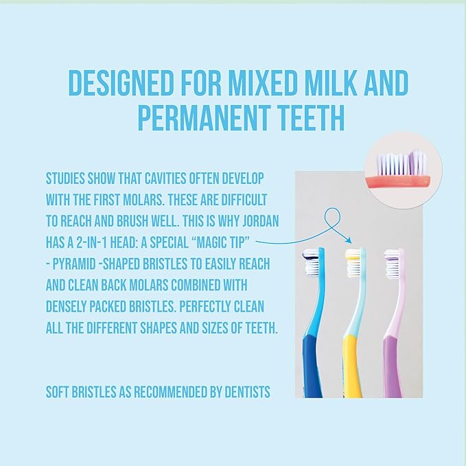 Jordan* ® | Step 3 Toothbrush for Children | Toothbrush for Ages 6 to 9 Years | Soft Bristles, Double Ergonomic Handle & BPA-Free | Blue & Green | Pack of 4