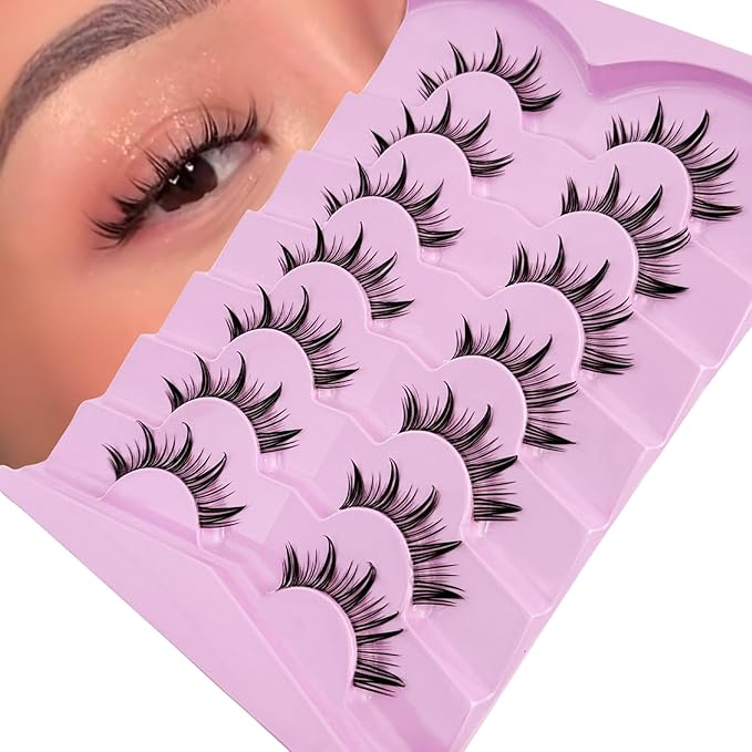 Fairy Lashes Manga Lashes Yasnai Clear Band False Eyelashes Wispy Lashes Fake Lashes Natural Look Eyelashes Wet-Look Spiky Anime Strip Lashes 7 Pairs Pack
