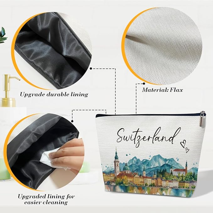 Ythuil Switzerland Trip Gifts Makeup Bag, City Travel Cosmetic Bag for Purse, Watercolor Gifts, Switzerland Souvenir, Trip Favors for Traveller Lovers, City Themed Organizer
