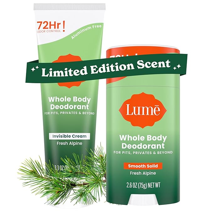 Lume Whole Body Deodorant - Invisible Cream Tube and Solid Stick - 72 Hour Odor Control - Aluminum Free, Baking Soda Free, Skin Loving - 3.0 Ounce Tube and 2.6 Ounce Solid Stick Bundle (Fresh Alpine)