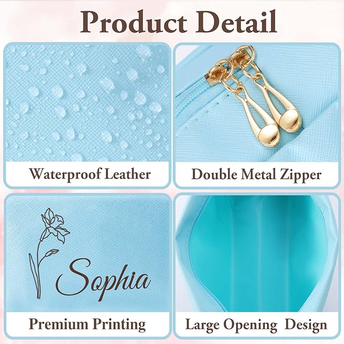 Fincekoom Valentines Day Gifts for Her Teen Girls, Personalized Makeup Bag with Name & Birth Flower, Custom Leather Cosmetic Bags for Women, Customized Travel Toiletry Bag Gifts for Bridesmaid Wedding