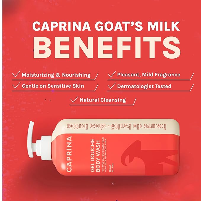 Caprina Fresh Goat’s Milk Body Wash, SHEA BUTTER Formula, 625 ml, Moisturizing Cleanser for Normal Skin, Gentle Daily Hydration
