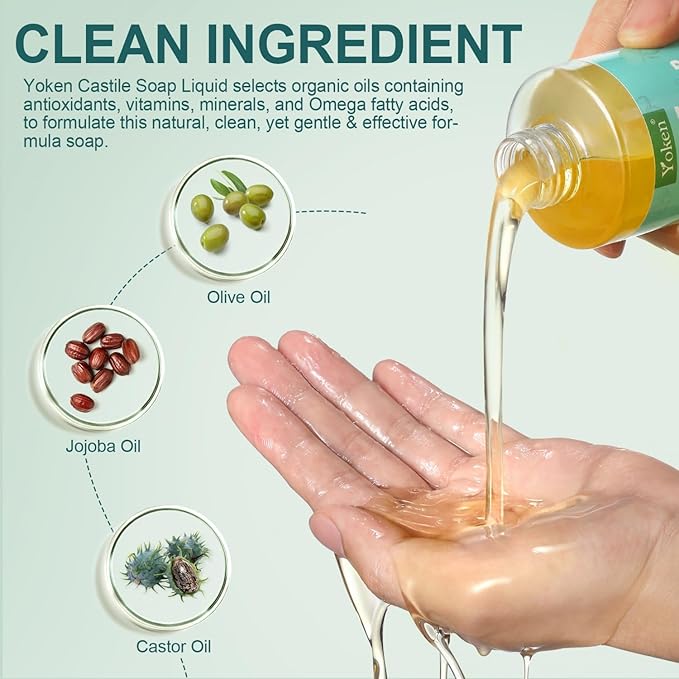 Yoken Pure Castile Liquid Soap Organic (EWG Verified, Unscented, 8 OZ), Made with Organic Oils, No Added Fragrance, Vegan, Castile Soap Liquid for Face, Laundry, Dishes, Sensitive Skin, Travel soaps