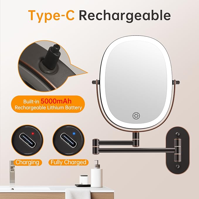 FUNTOUCH 30X/1X Wall Mounted Lighted Makeup Mirror, 5000mAh Rechargeable Double Sided Magnifying Bathroom Mirror, 3 Color Modes Touch Dimmable Extended Arm 360 Rotation, Antique Bronze
