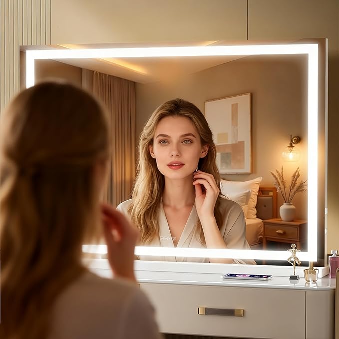 MINISO Vanity Mirror with Lights,37"x25.6"LED Makeup Mirror with Bluetooth Speaker,Touch Sensor,3 Light Colors,Dimmable,Metal Frame,with 10X Magnifying Glass,Rectangular White
