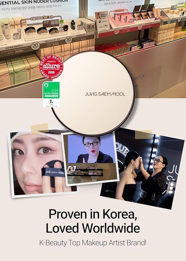 JUNG SAEM MOOL Essential Skin Nuder Cushion | Natural Finish, Buildable Coverage Cushion Foundation by Korean Makeup Artist (Refill Not Included, 0.49 Fl Oz, SPF 50), 19 Pink Light