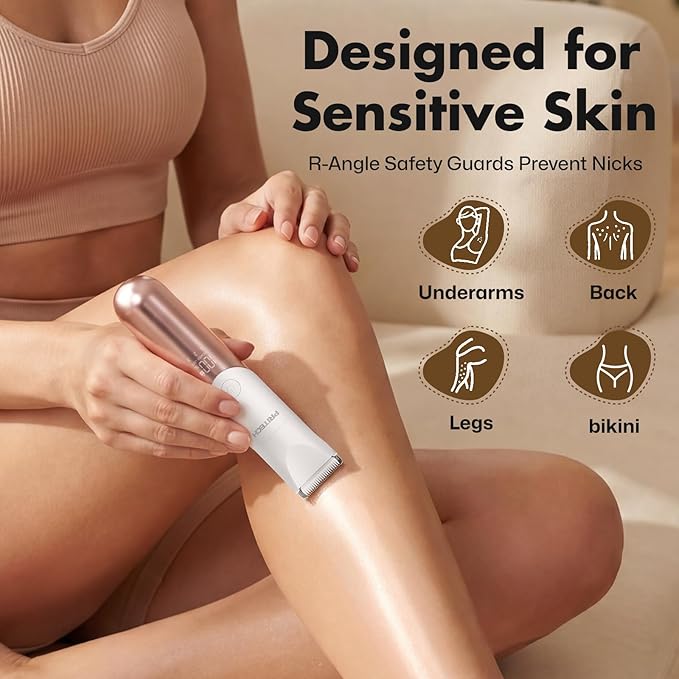 PRITECH Bikini Trimmer for Women, 2-in-1 Rechargeable Electric Razors for Women, Waterproof Pubic Hair Trimmer Women for Pubic Bikini Hair, Legs, Arms, Underarms, with Travel Lock, Champagne
