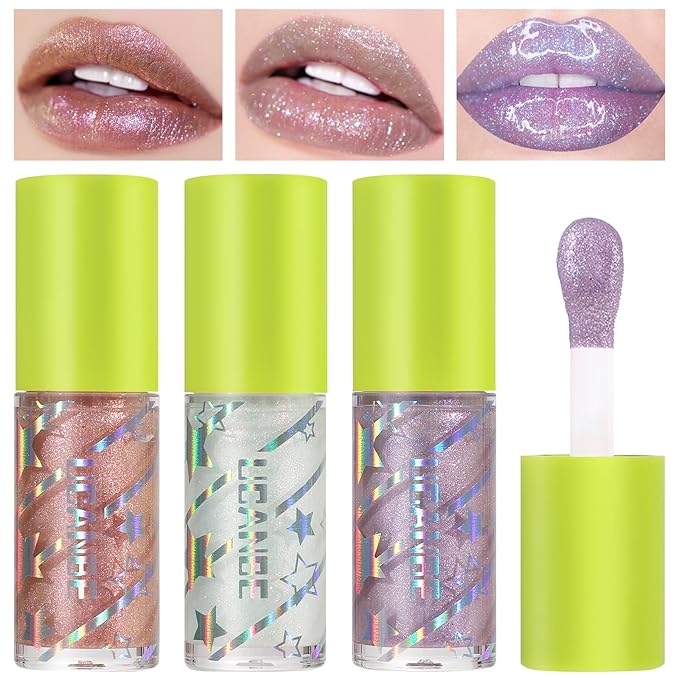 UCANBE 3 Reflective Color Lip Glow Oil - Instense High-moisture Lip Oil (Pink/Crystal/Mermaid), Luxurious Non-Sticky Mositurizing Lip Top Gloss for All-Day Wear and Comfort