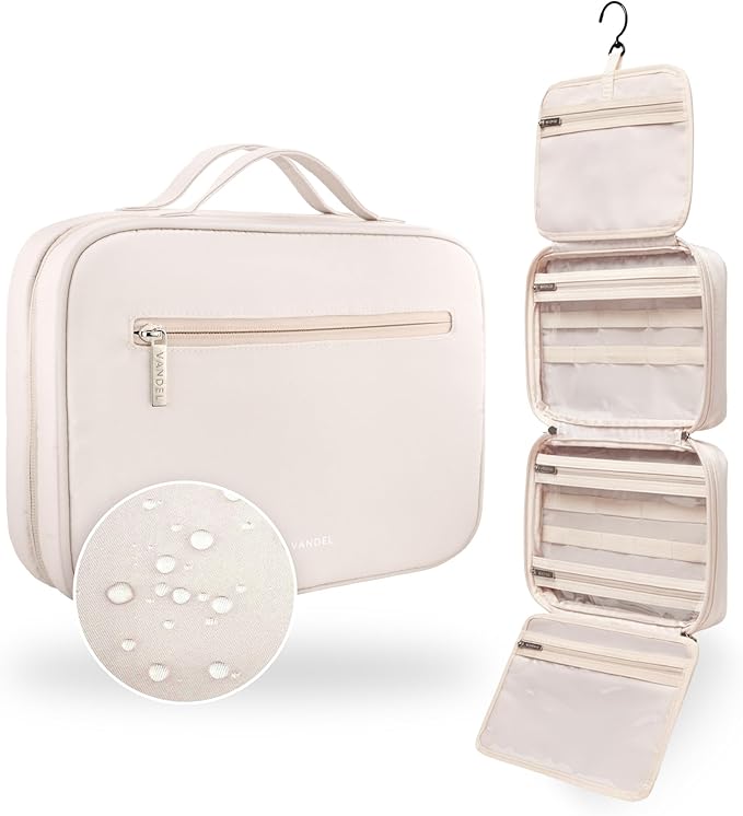 VANDEL Waterproof Hanging Toiletry Bag for Travelling, Hanging Makeup Organizer Bag, Cosmetic Travel Bags for Women, Makeup Case Toiletries Organizer Hygiene Bathroom Shower Caddy - Sand