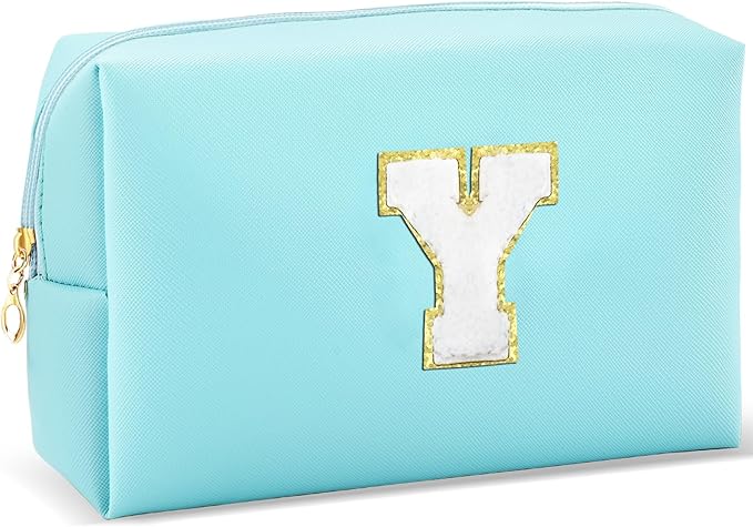 URSKYTOUS Gifts for Girls Initial Makeup Bag Personalized Cosmetic Bag with Zipper Cute Travel Toiletry Bag Waterproof PU Preppy Makeup Pouch Birthday Gift for Teen Girls Women(Blue Y)