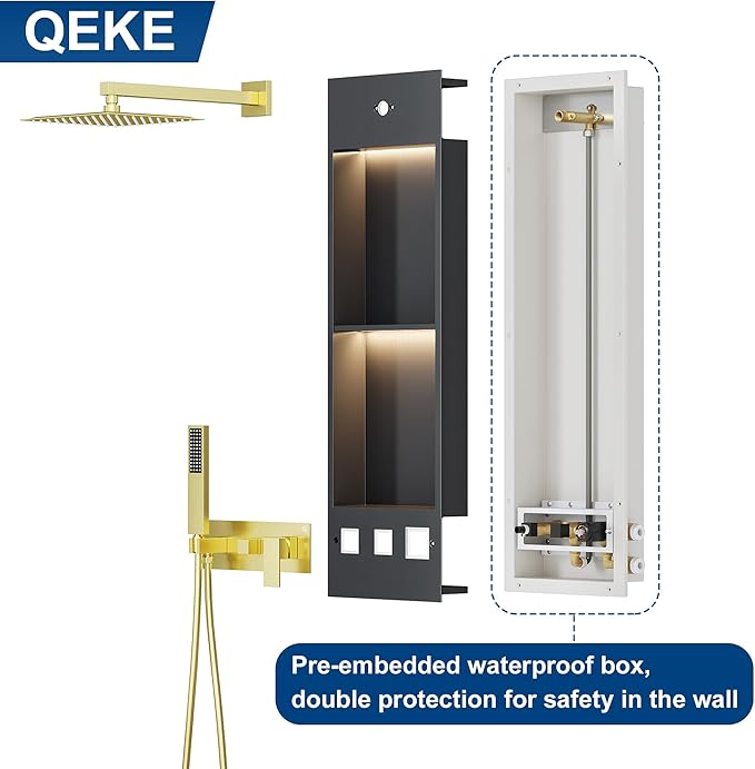 Qeke Integrated Shower Niche with Shower Head and Hand Shower, Stainless Steel Shower Tower System with Led Lights, 2-Tiers No Tile Needed Shower Niche for Bathroom in Gunmetal Black (Black Shower)