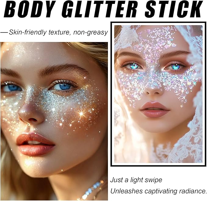 Carnival White Body Glitter Stick, Holographic Hair Glitter for Kids and Women, Waterproof Face Hair and Body Glitter Makeup, Rave Accessories Carnival Chunky Sequins, Sparkling Glitter Makeup