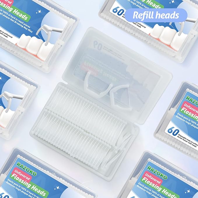 RAZOKO Dental Flosser Kit, Extra Strong Shred-Resistant Floss, for Hard to Reach Areas, PTFE & PFAS Free, 2 Handles + 240 Refill Heads