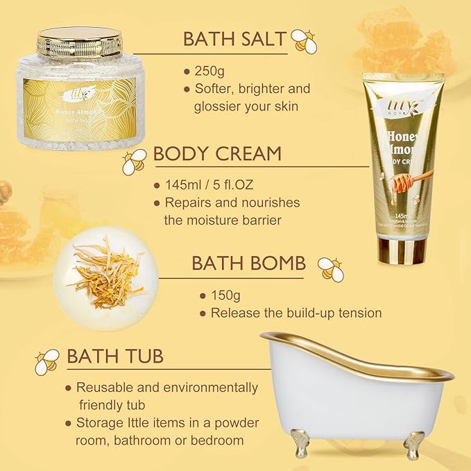Valentines Day Gifts for Women - 7-Piece Honey Almond Spa Gift Set, Bath & Body Gift Set, Bath Collection | Mothers Day Gifts for Mom, Fathers Day, Birthday, Christmas Gift, Holiday Present for Women