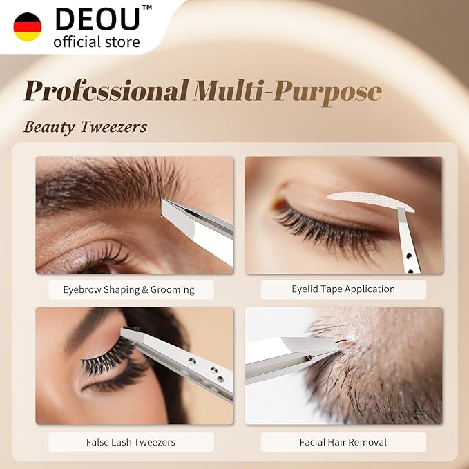 DEOU Professional Eyebrow Plucker & Tweezers - Stainless Steel Tool for Brow Shaping, Hair Removal & Precise Grooming, 9-Hole Non-Slip Grip, Unisex, Gift Box Included