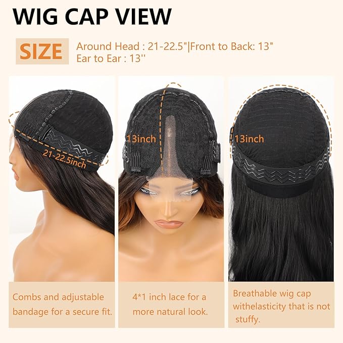 AISI HAIR Long Wavy Dark Brown with Blonde Highlight Lace Hairline Wigs for Women，Middle Part Synthetic Heat Resistant Wig for Daily Party-26 Inch