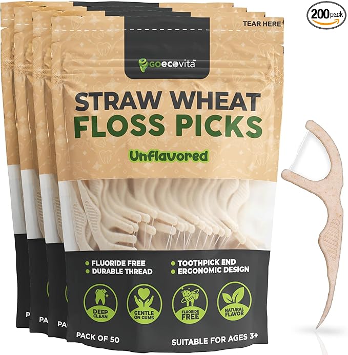 Dental Floss Picks - Straw Wheat Flossers | Thin & Shred-Resistant Thread for Tight Gaps | Flossers for Adults | Gentle on Gums & Teeth (200 Pack, Unflavored)
