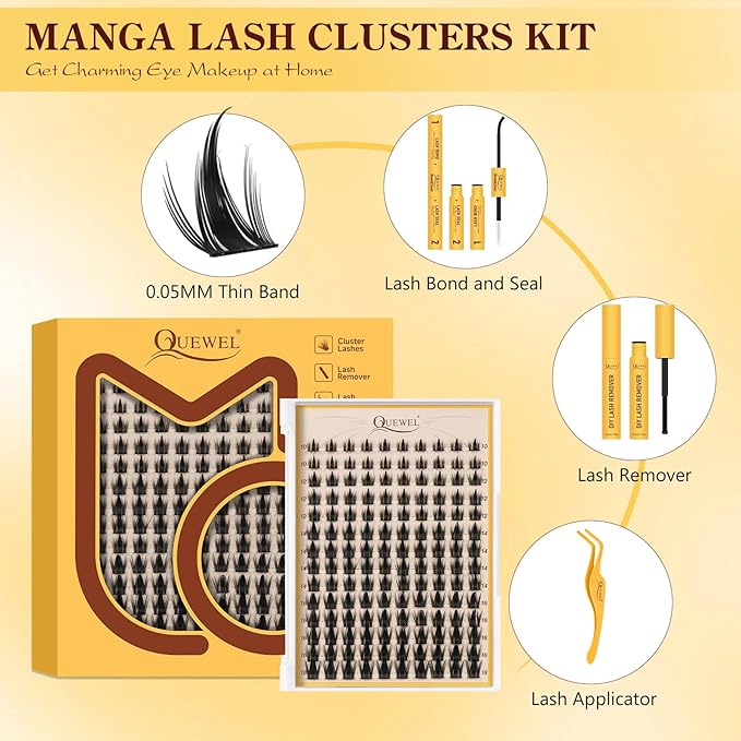 QUEWEL Fairy-Lash Clusters Kit, 140pcs Manga-Eyelash Clusters Kit Mix10-18mm Cluster Eyelash Extensions Kit With Lash Bond and Seal, Lash Tweezers and Remover for DIY Natural Lashes(FD-XYT 4 Set)