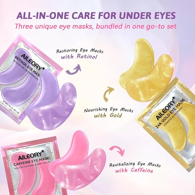AILEORY Under Eye Patches for Dark Circles, Puffiness, Fine Lines, Eye Mask Set with Retinol, 24K Gold, Caffeine, Valentines Day Gift, Gel Mask for Women & Men, Birthday & Spa Party Favors, 24 Pairs