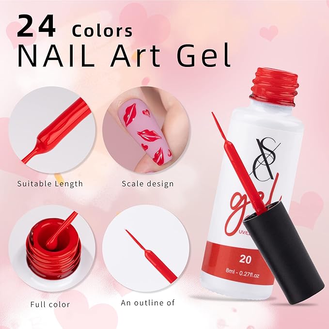 SXC Cosmetics 24-Color Gel Liner Set for Nail Art - With Built-in Thin Brush for Swirl Nail Designs and Soak-Off Gel Polish