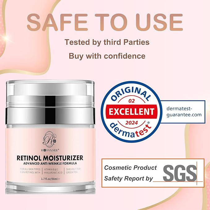 ROSVANEE Retinol Cream Face Moisturizer for Women Men Anti Aging Wrinkle Cream with Retinol, Nacinamide, AH-8 Peptides, Botanical Extracts Facial Eye Cream for Day Night