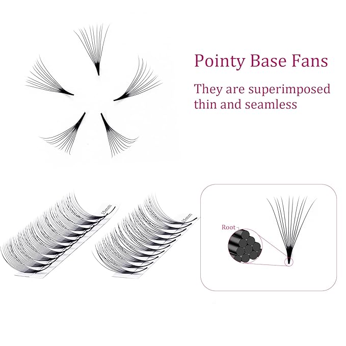 C Curl Volume Eyelash Extensions 10D 0.07 15-20mm Mixed Tray Premade Fans Pointed Base Middle Stem