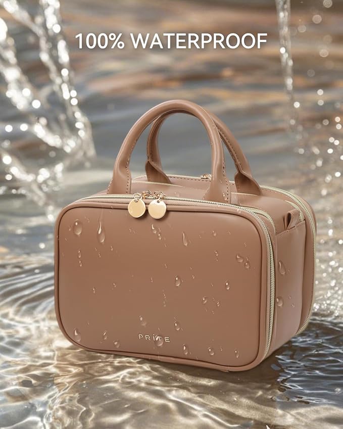 Prite Travel Makeup Bag Women’s Large Capacity Waterproof Cosmetic Organizer Portable Open Flat Toiletry Case with Free-standing Brush Holder and Handle(Brown Medium)