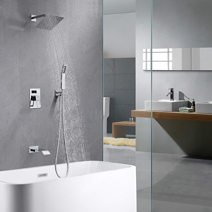 Shower System, Shower Faucet Set Complete with Waterfall Tub Spout, 8" Rain Shower Head and HandHeld, Chrome Finish