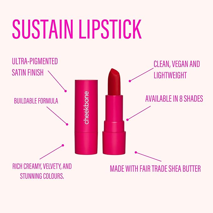 Cheekbone Sustain Lipstick, Classic 90’s Brown, Creamy Satin Lip Color with Buildable Pigment, Long-Wear, Moisturizing Formula with Organic Castor Oil, Eco-Conscious, Vegan, 0.14 oz.