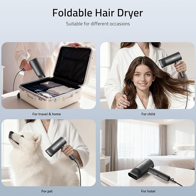 CONFU Diffuser Hair Dryer for Curly Hair,1500W Fast Drying Blow Dryer with Diffuser for Women,Compact & Portable Negative Ion Hairdryer,Mini and Foldable Blowdryer Design for Travel(Gray)