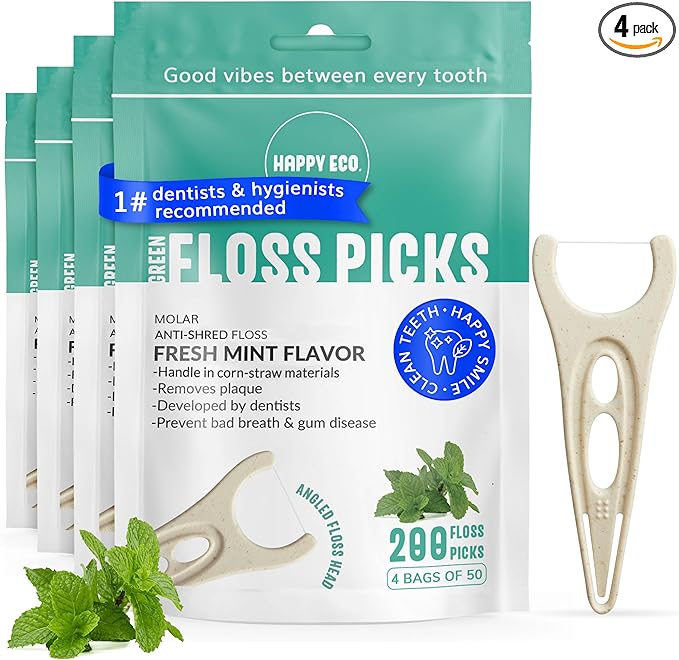 Dental Floss Picks (200pcs) - Flossers for Adults, Vegan Corn-Straw Grip Handle, Superior Oral Care & Anti-Shred Thread, Dental Hygiene, Tooth Pick Sticks, Teeth & Gum Health (Mint, Single Thread)