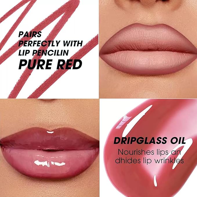 Dark Red Lip Liner Lip Gloss Set for Women, Waterproof Lip Kit with Lip Oil Lip Liner Pencil, Hydrating Long-Lasting Lipgloss Lip Pencil, High Pigment Non-Sticky lip liner Stain Lipliner (12#)