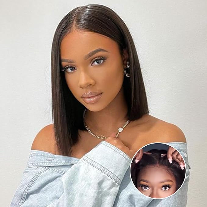 Wear and Go Glueless Bob Wig Human Hair Straight, 6x4 Pre-Cut HD Lace Glueless Wigs Pre-Plucked, Transparent Lace Front Closure Wigs for Women 180% Density 14 inch