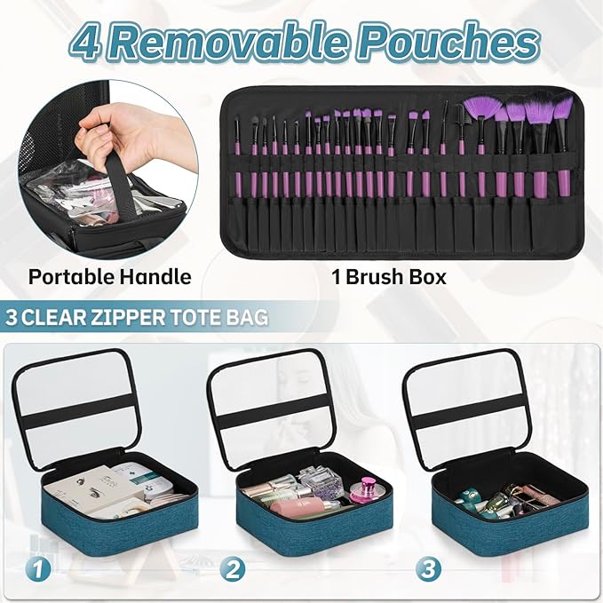 FREEAMG Extra Large Rolling Makeup Case with 4 Removable Pouches，Professional Make up Train Case with Wheels,Travel Cosmetic Bag for Hairstylists Nail Tech Makeup Artist with Detachable Trolley