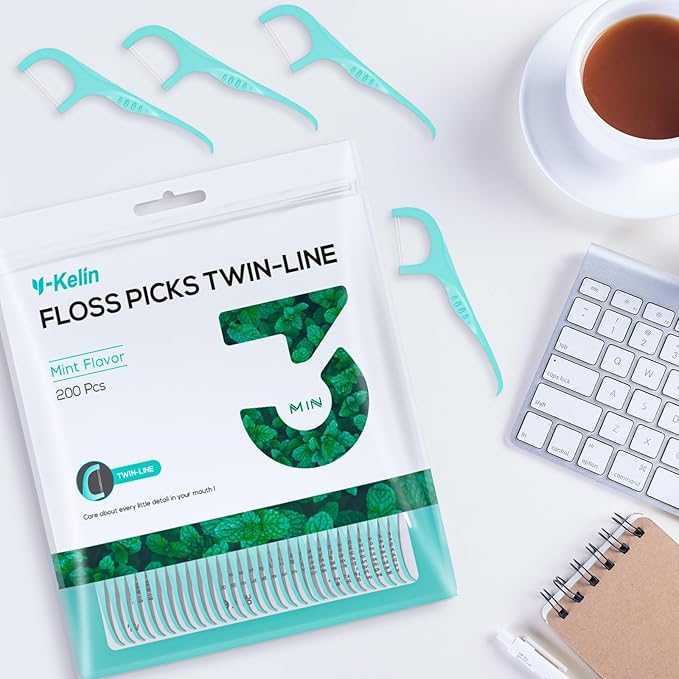 Twin Line Dental Floss Picks - Double Floss Picks, Double-Cleaning Teeth, Mint Flavor, 200 Count