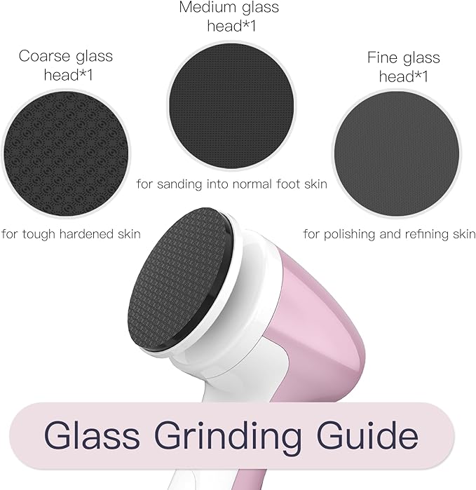 Rechargeable Electric Foot Callus Remover with 3 Glass Grinding Heads, Professional 1000RPM 3-Speed Control Electric Foot File (E7 Pink Glass Version)
