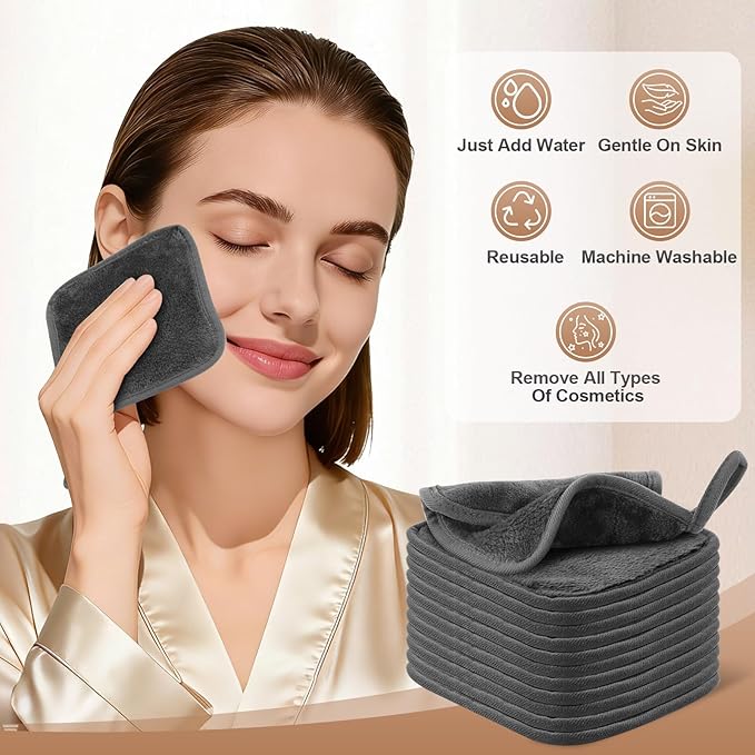 Makeup Remover Cloth, 6 x 6 Inch Ultra Soft and Reusable Microfiber Makeup Remover Towels for All Skin Types, Remove Instantly Dirt with Just Water, 12 Pack, Grey