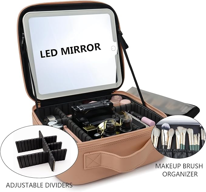 SLUMAZI Travel Makeup Bag with LED Mirror Travel Makeup Organizer with 3 Lighted Settings, Adjustable Dividers and Makeup Brush Storage Bag Khaki