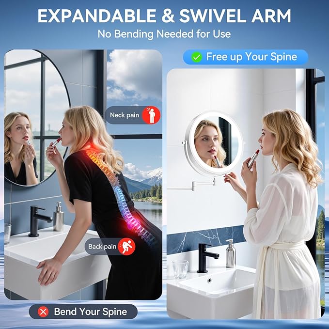 9'' 30X/1X Wall Mounted Lighted Makeup Mirror, 5000mAh Rechargeable Double-Sided Magnifying Mirror with Light, Vanity Mirror Touch Dimmable 3 Colors 360° Rotation Extended Foldable Arm, Power Adapter