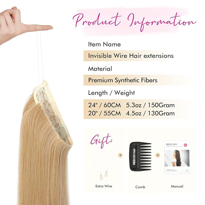 REECHO Invisible Wire Hair Extensions with Transparent Headband Adjustable Size Removable Secure Clips in Straight Secret Hairpiece for Women (24 Inch (Pack of 1), Gold Blonde Mixed)