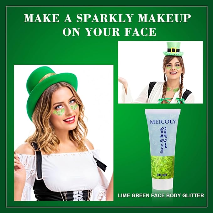 MEICOLY Lime Green Face Body Glitter,Holographic Face Glitter Self-Adhesive,Light Green Body Glitter,St Patricks Day Accessories,Chunky Glitter Face Paint for Party Festival Halloween