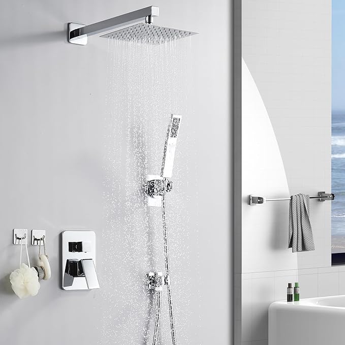 RTTWYYUU Chrome Shower System 8 Inch, Rain Shower Head with Handheld Spray, Luxury Rain Shower Set Square Wall Mount for Bathroom with Rain Shower and Handheld Shower System