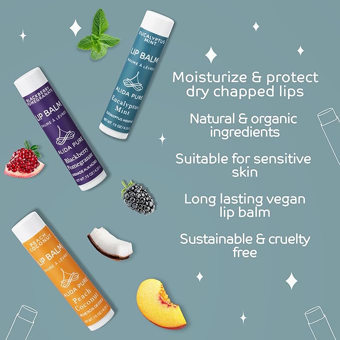 ALIDA PURE Fruit Mint Lip Balm Collection, Vegan Set, Bees Wax Free, Coconut Oil Free, with Organic Jojoba and Avocado Oil, Vitamin E, Natural Moisturizer For Dry Cracked Lips, 3 Tube Set