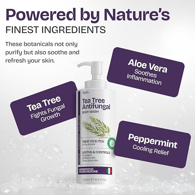 Antifungal Tea Tree Body Wash - Antibacterial Body Wash for Eczema, Jock Itch, Back Acne, Ringworm Treatment for Humans | Antibacterial Soap For Men & Women with 1% Tolnaftate & Tea Tree Oil - 16.9 oz