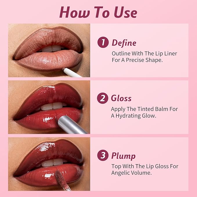 3PCS Lip Combo Set - Matte Lip Liner Pencil + Hydrating Tinted Lip Balm + Juicy Lip Gloss Tint, Non-Sticky, Long-Lasting, High Pigment Lip Makeup Kit (Berry Mousse Set)