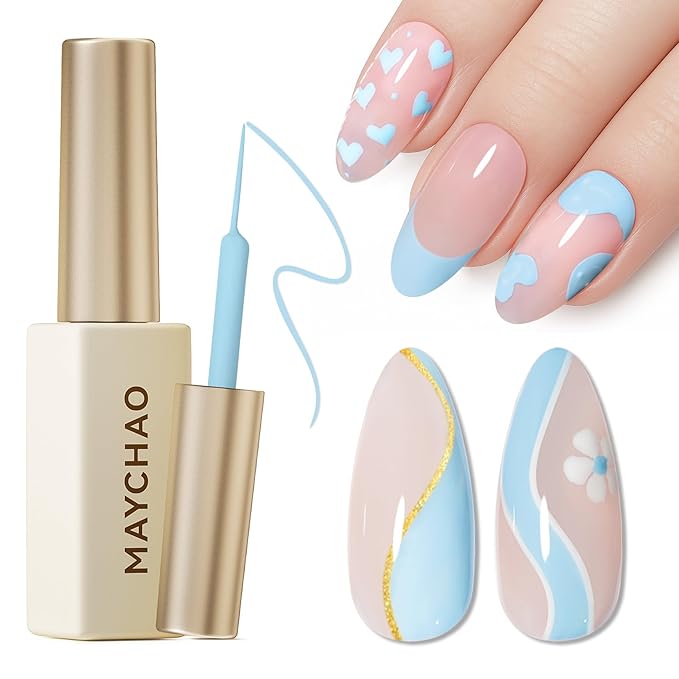 MAYCHAO Baby Blue Swirl Gel Liner Nail Art Polish, 8ml Spring Summer Pastel Light Blue Gel Color Built-in Thin Brush, UV Light Cure for French Nail Tips DIY Manicure at Home Salon