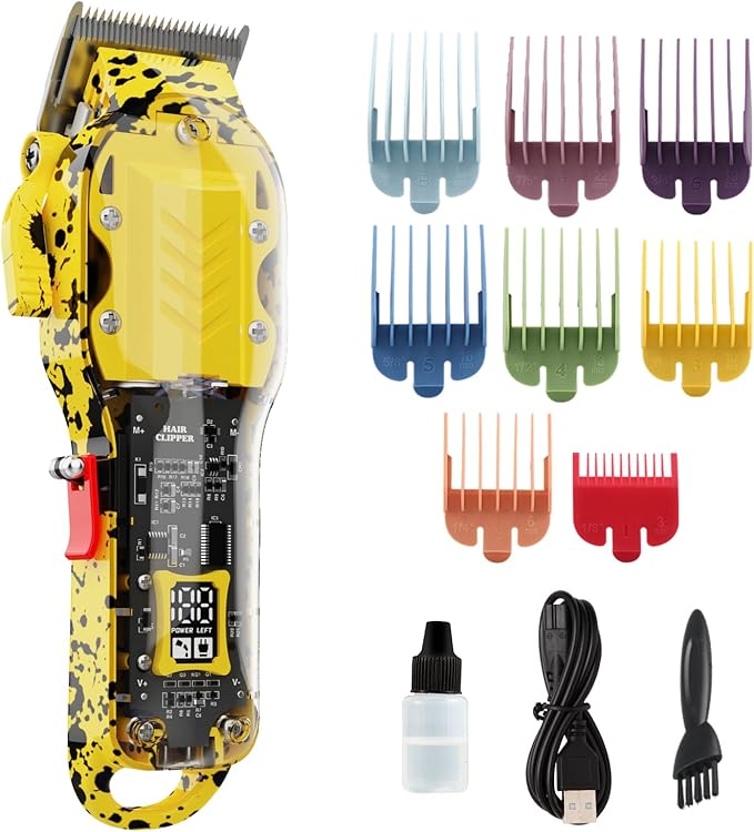 Professional Hair Clippers for Men, Cordless Barber kit for Hair Cutting & Grooming, Hair Clippers Set for Barber Haircut with LED Display 8 Fade Taper Combs(Yellow)