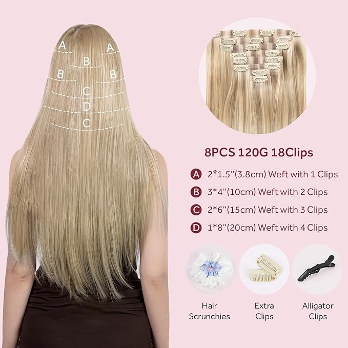 Clip in Hair Extensions Real Human Hair Seamless Clip Ins 100% Remy Hair Extensions PU Weft Golden Blonde Mix Light Blonde Thick&Invisible #P16A/22A 18Inch 120G 8PCS
